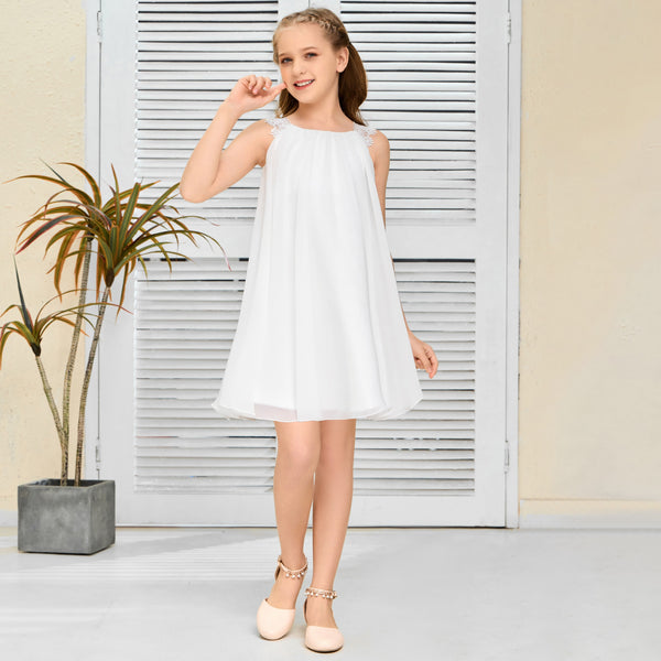 A-Line Sleeveless Scoop Neck Knee-Length Lace/Chiffon Flower Girl Dresses/Girls Birthday Dresses With Appliques Girls Gidiondress