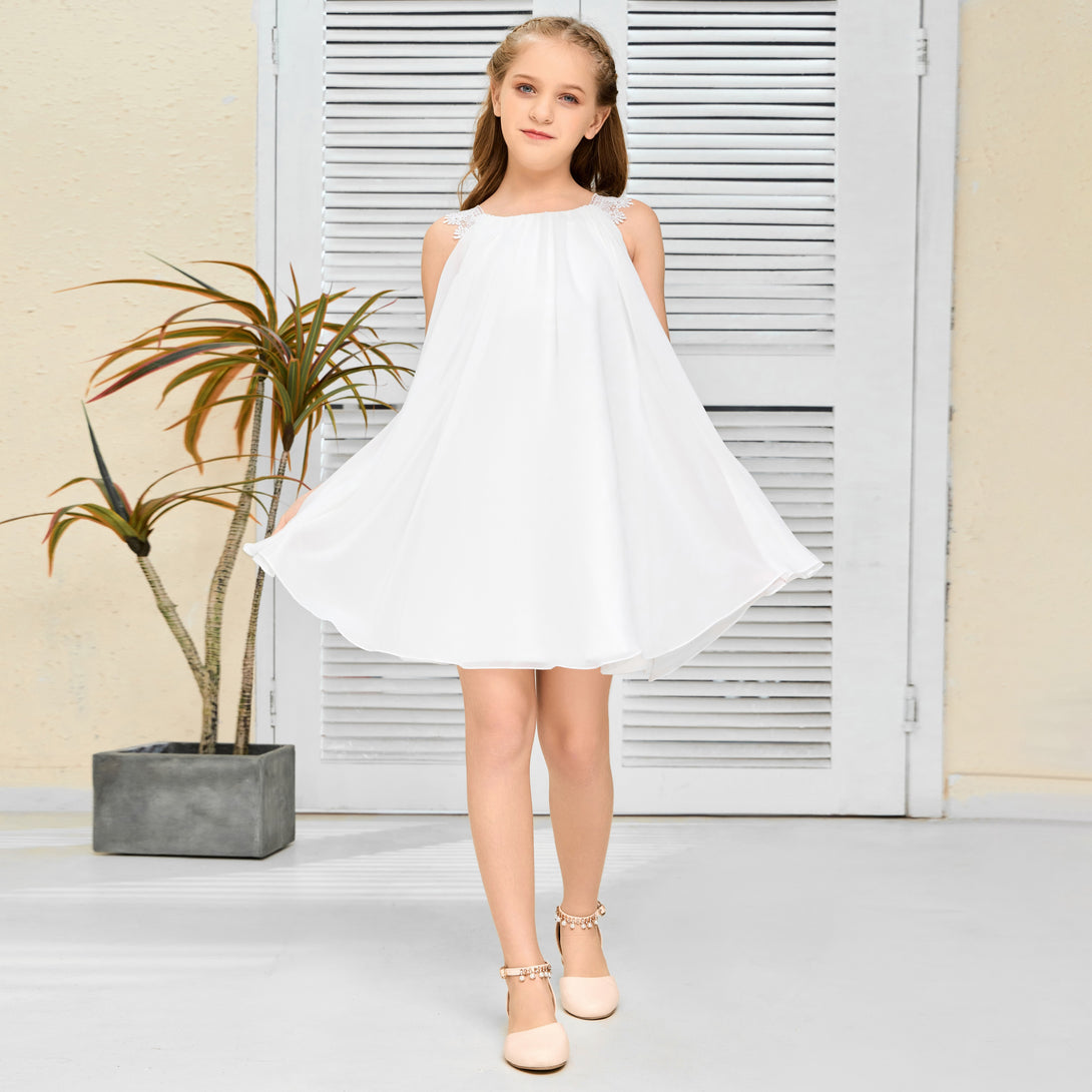 A-Line Sleeveless Scoop Neck Knee-Length Lace/Chiffon Flower Girl Dresses/Girls Birthday Dresses With Appliques Girls Gidiondress
