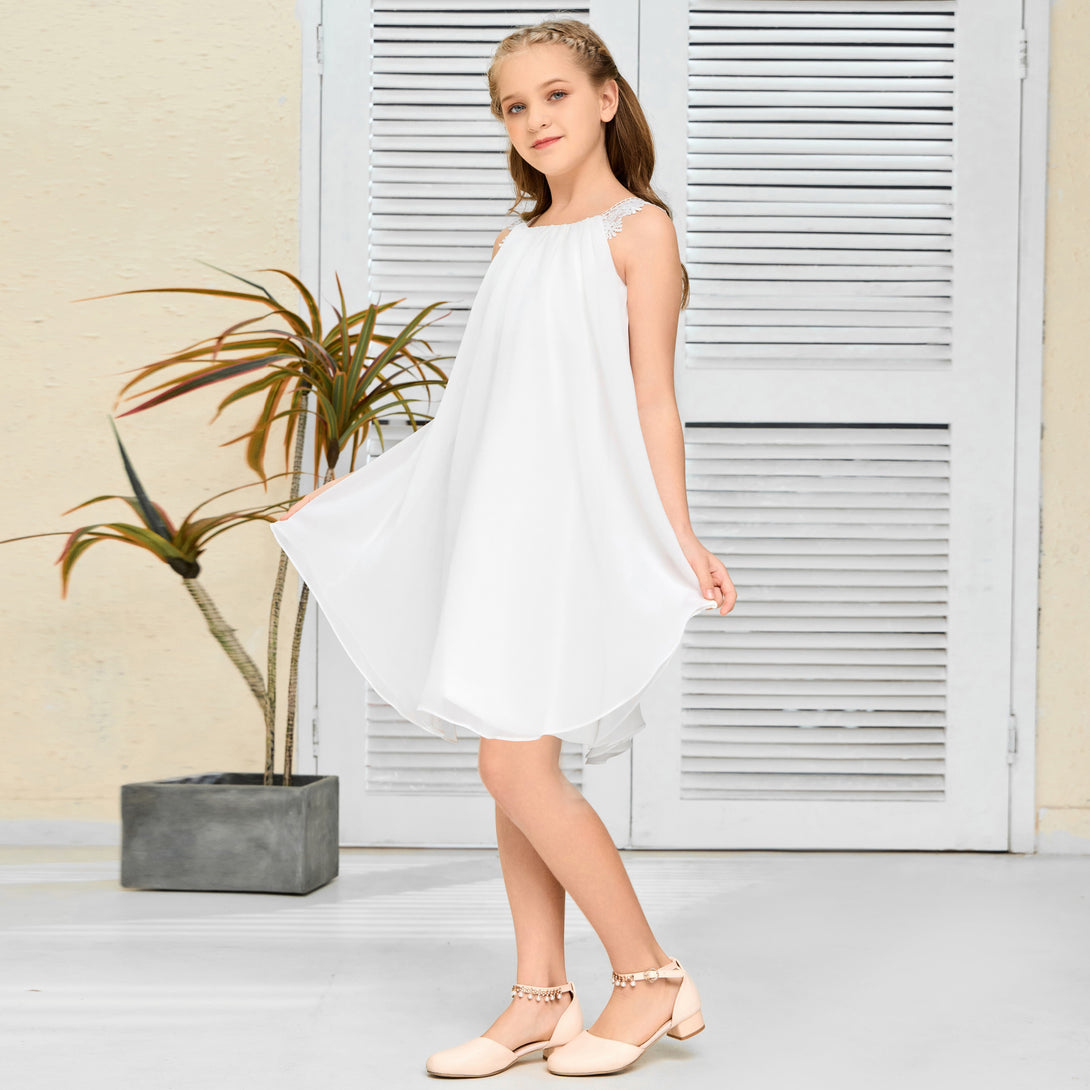 A-Line Sleeveless Scoop Neck Knee-Length Lace/Chiffon Flower Girl Dresses/Girls Birthday Dresses With Appliques Girls Gidiondress