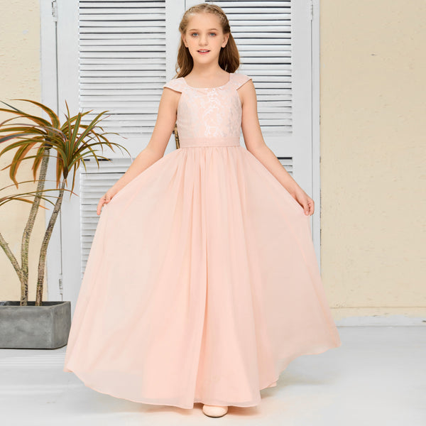 Floor-Length Pearl Pink Chiffon/Lace Junior Bridesmaid Dress/Girls dress Gidiondress