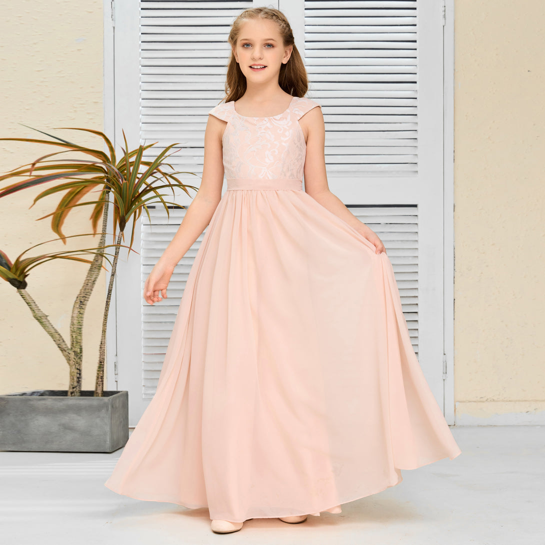 Floor-Length Pearl Pink Chiffon/Lace Junior Bridesmaid Dress/Girls dress Gidiondress