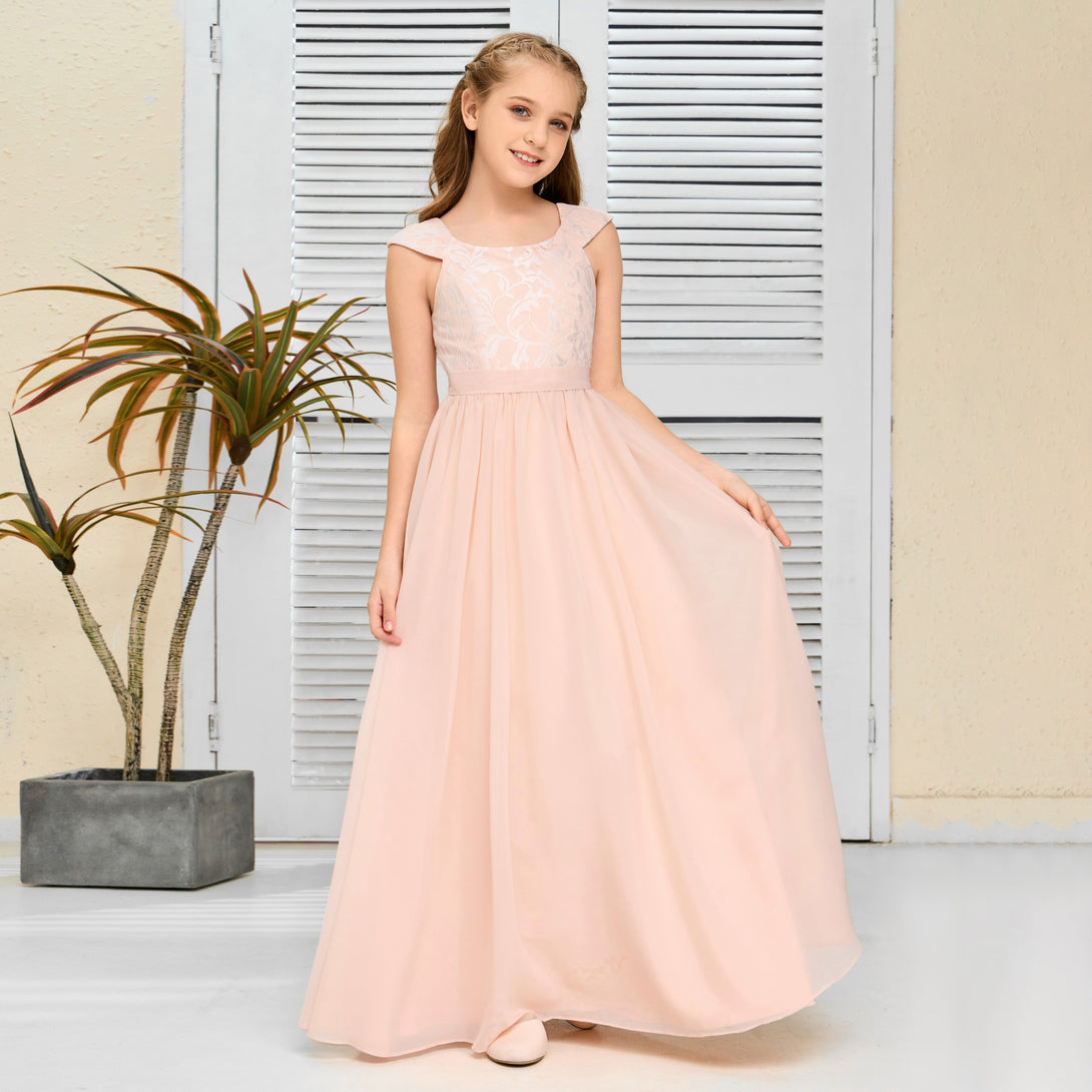 Floor-Length Pearl Pink Chiffon/Lace Junior Bridesmaid Dress/Girls dress Gidiondress