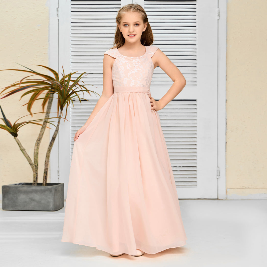 Floor-Length Pearl Pink Chiffon/Lace Junior Bridesmaid Dress/Girls dress Gidiondress