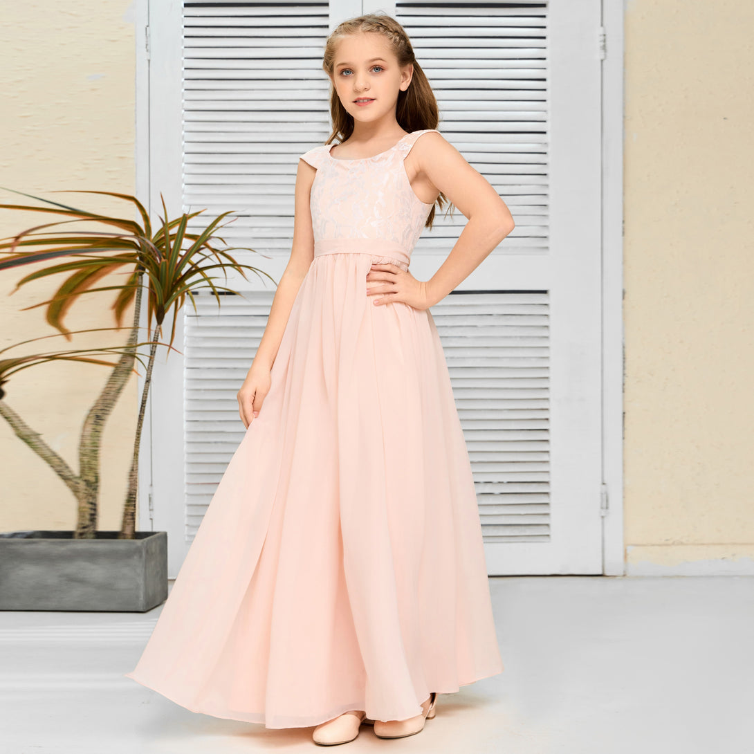 Floor-Length Pearl Pink Chiffon/Lace Junior Bridesmaid Dress/Girls dress Gidiondress