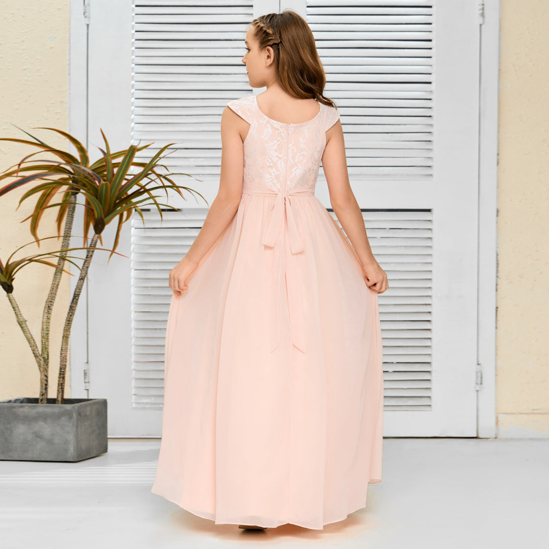 Floor-Length Pearl Pink Chiffon/Lace Junior Bridesmaid Dress/Girls dress Gidiondress