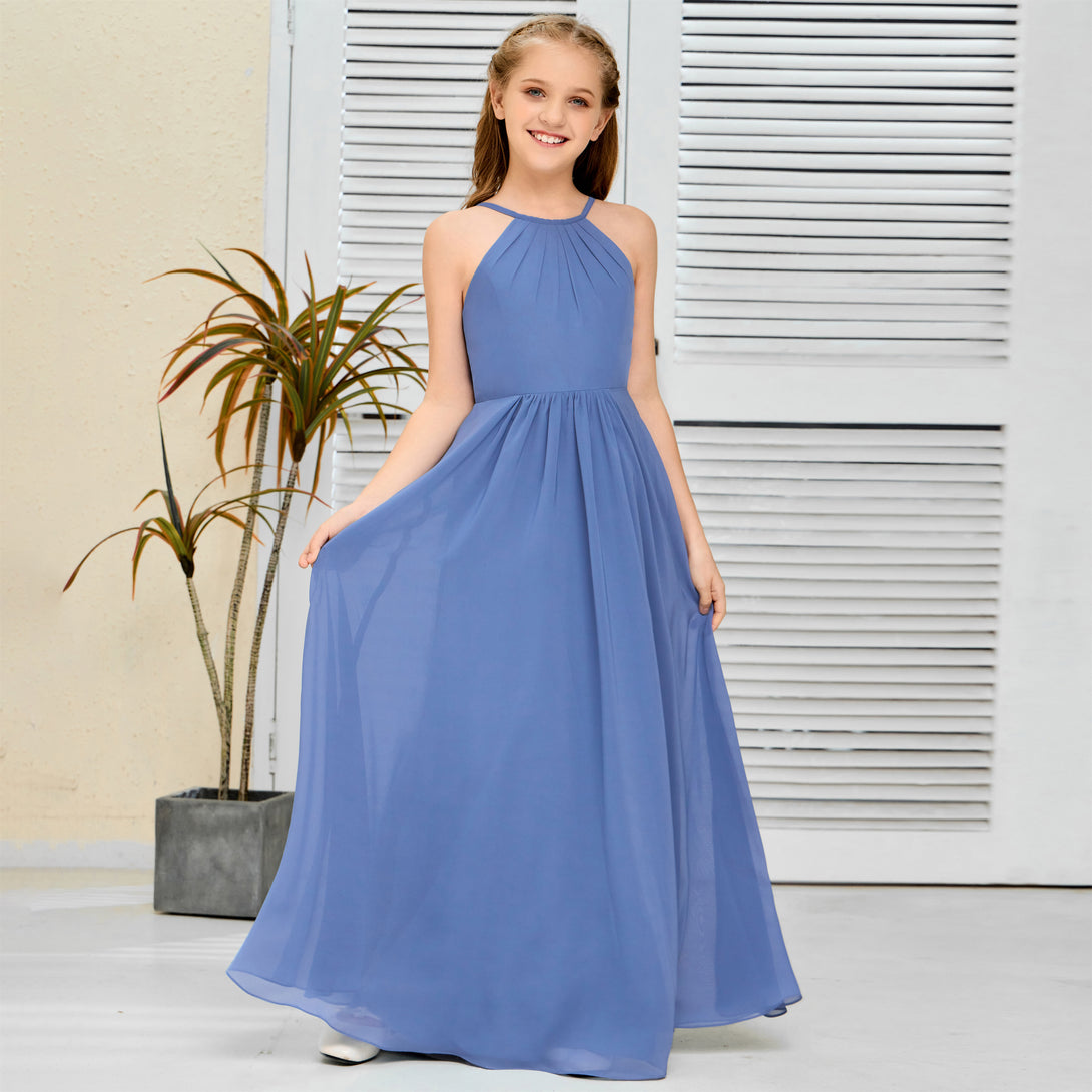 Halter Floor-Length Chiffon Simple Junior Bridesmaid Dress/Girls dress Gidiondress