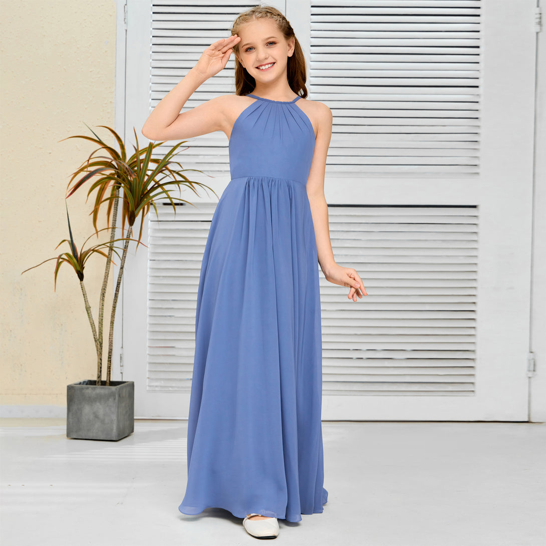 Halter Floor-Length Chiffon Simple Junior Bridesmaid Dress/Girls dress Gidiondress