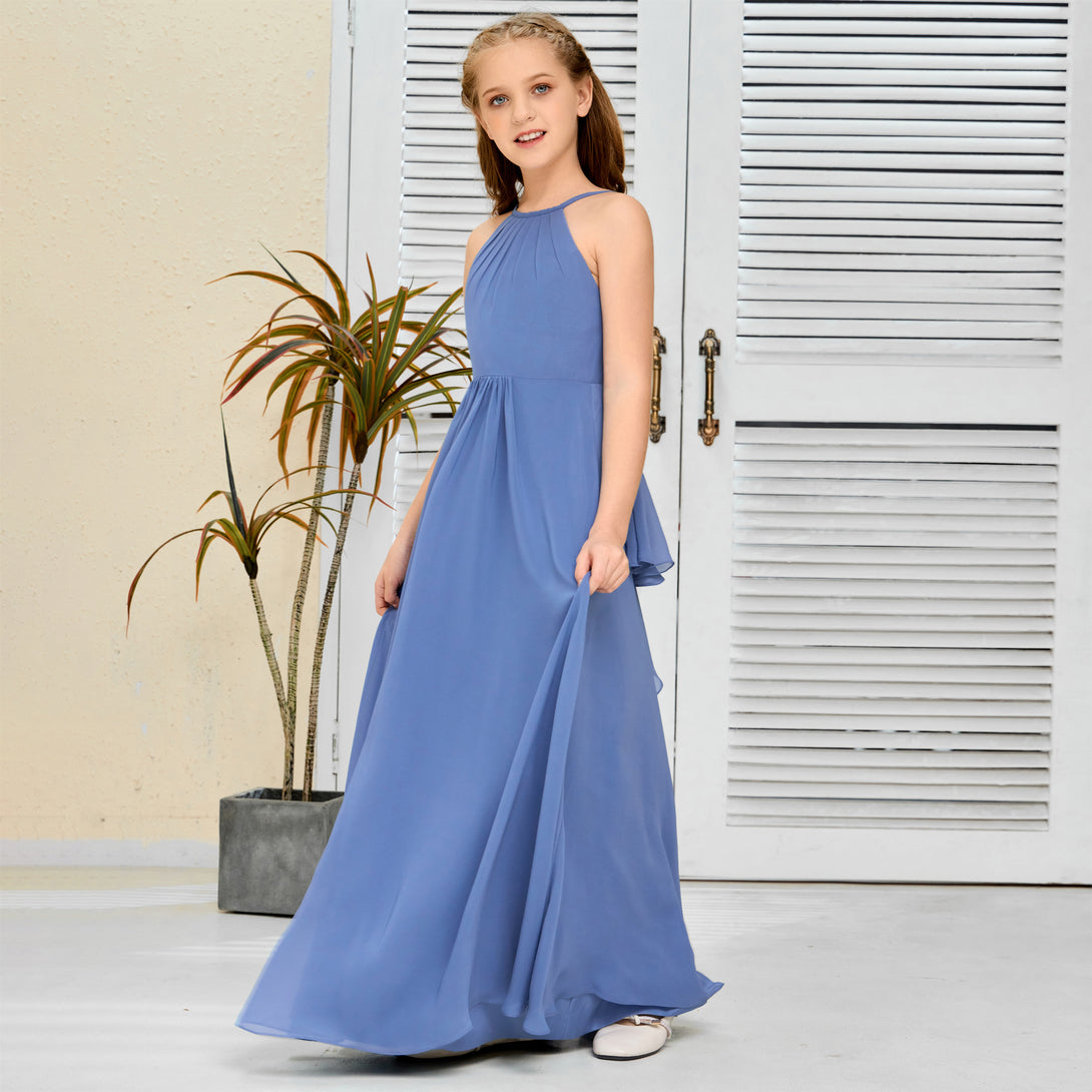 Halter Floor-Length Chiffon Simple Junior Bridesmaid Dress/Girls dress Gidiondress