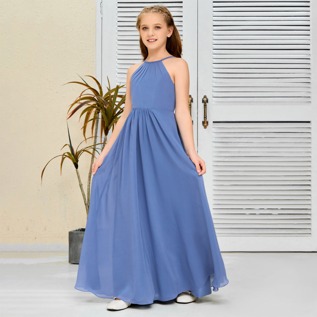 Halter Floor-Length Chiffon Simple Junior Bridesmaid Dress/Girls dress Gidiondress