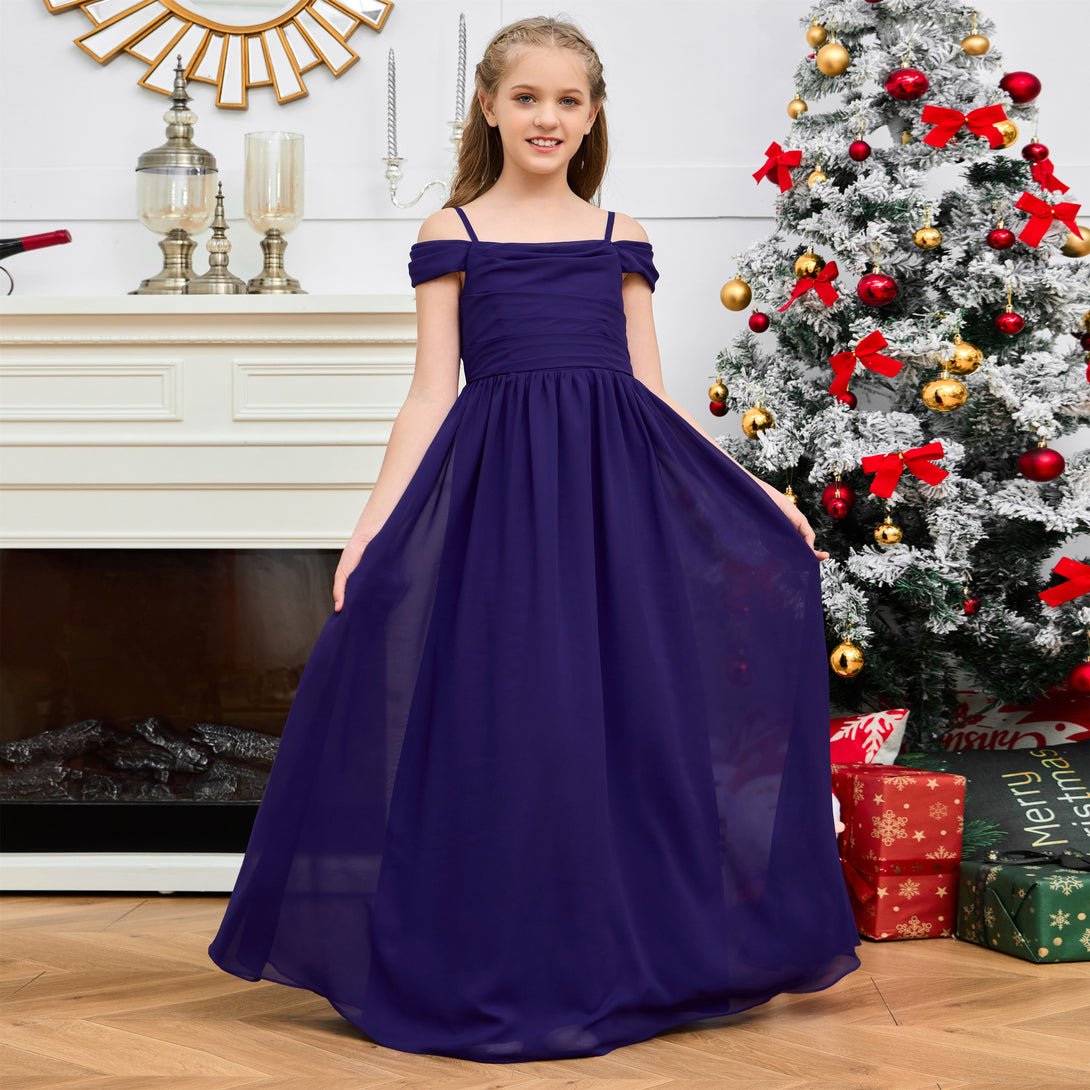 A-Line Floor-Length Chiffon Cold Shoulder Junior Bridesmaid Dress/Girls Birthday Dresses With Cape Gidiondress