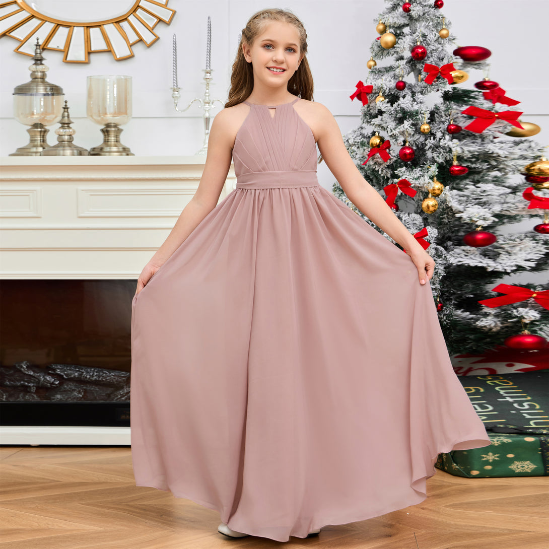 Halter A-Line Classic Floor-Length Chiffon Girls Birthday Dresses/Junior Bridesmaid Dress With Pleated/Belt Gidiondress Dusty Rose 12M