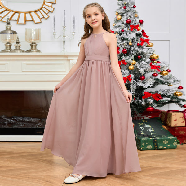 Halter A-Line Classic Floor-Length Chiffon Girls Birthday Dresses/Junior Bridesmaid Dress With Pleated/Belt Gidiondress