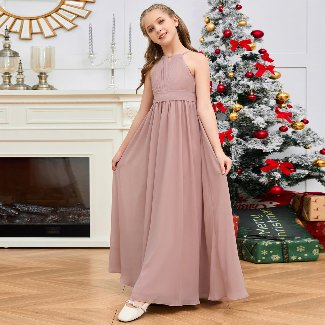 Halter A-Line Classic Floor-Length Chiffon Girls Birthday Dresses/Junior Bridesmaid Dress With Pleated/Belt Gidiondress