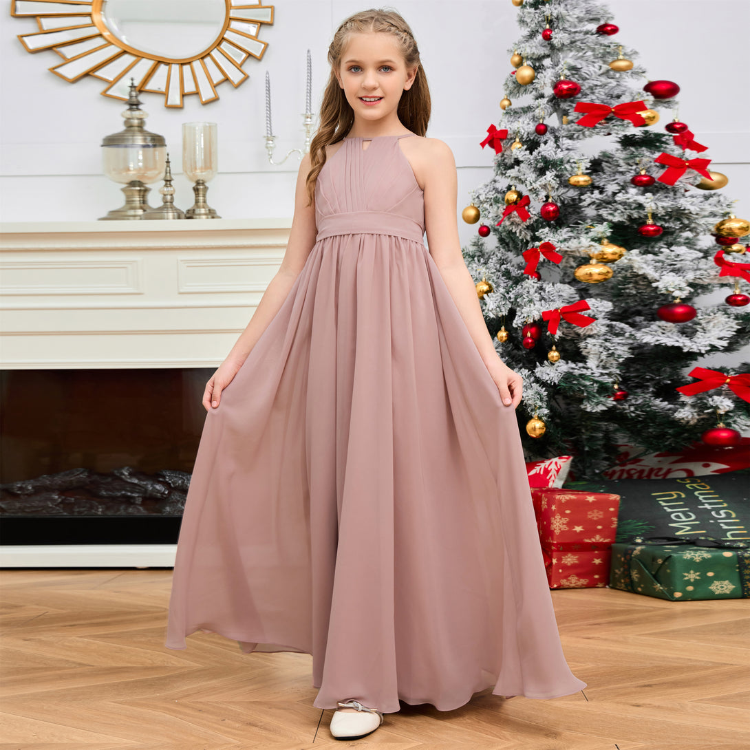 Halter A-Line Classic Floor-Length Chiffon Girls Birthday Dresses/Junior Bridesmaid Dress With Pleated/Belt Gidiondress