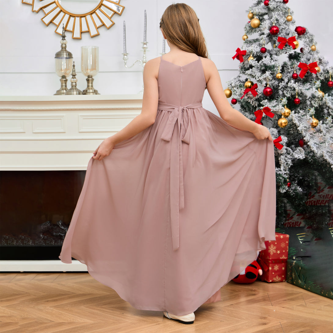 Halter A-Line Classic Floor-Length Chiffon Girls Birthday Dresses/Junior Bridesmaid Dress With Pleated/Belt Gidiondress