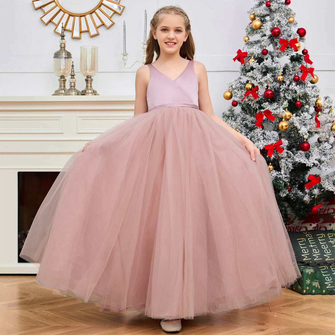 Princess V-Neck Sleeveless Floor-Length Tulle/Satin Flower Girl Dresses/Girls Birthday Dresses With Bow Girls Gidiondress