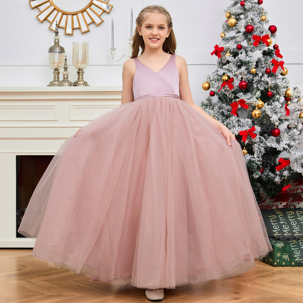 Princess V-Neck Sleeveless Floor-Length Tulle/Satin Flower Girl Dresses/Girls Birthday Dresses With Bow Girls Gidiondress