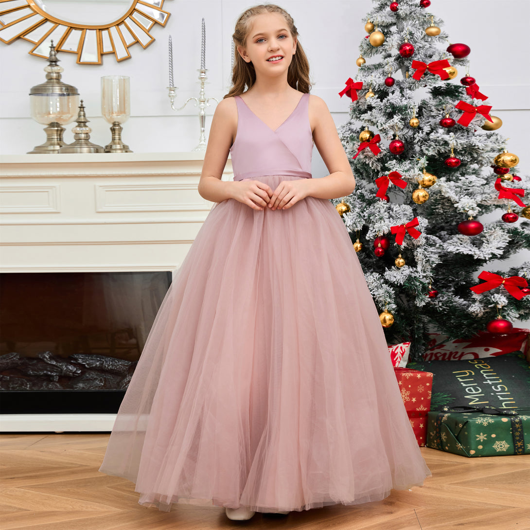 Princess V-Neck Sleeveless Floor-Length Tulle/Satin Flower Girl Dresses/Girls Birthday Dresses With Bow Girls Gidiondress