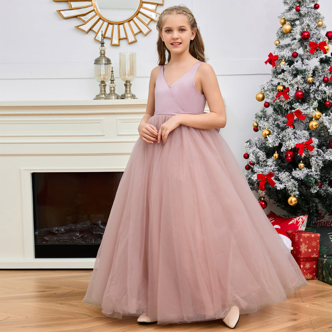 Princess V-Neck Sleeveless Floor-Length Tulle/Satin Flower Girl Dresses/Girls Birthday Dresses With Bow Girls Gidiondress Dusty Rose 12M
