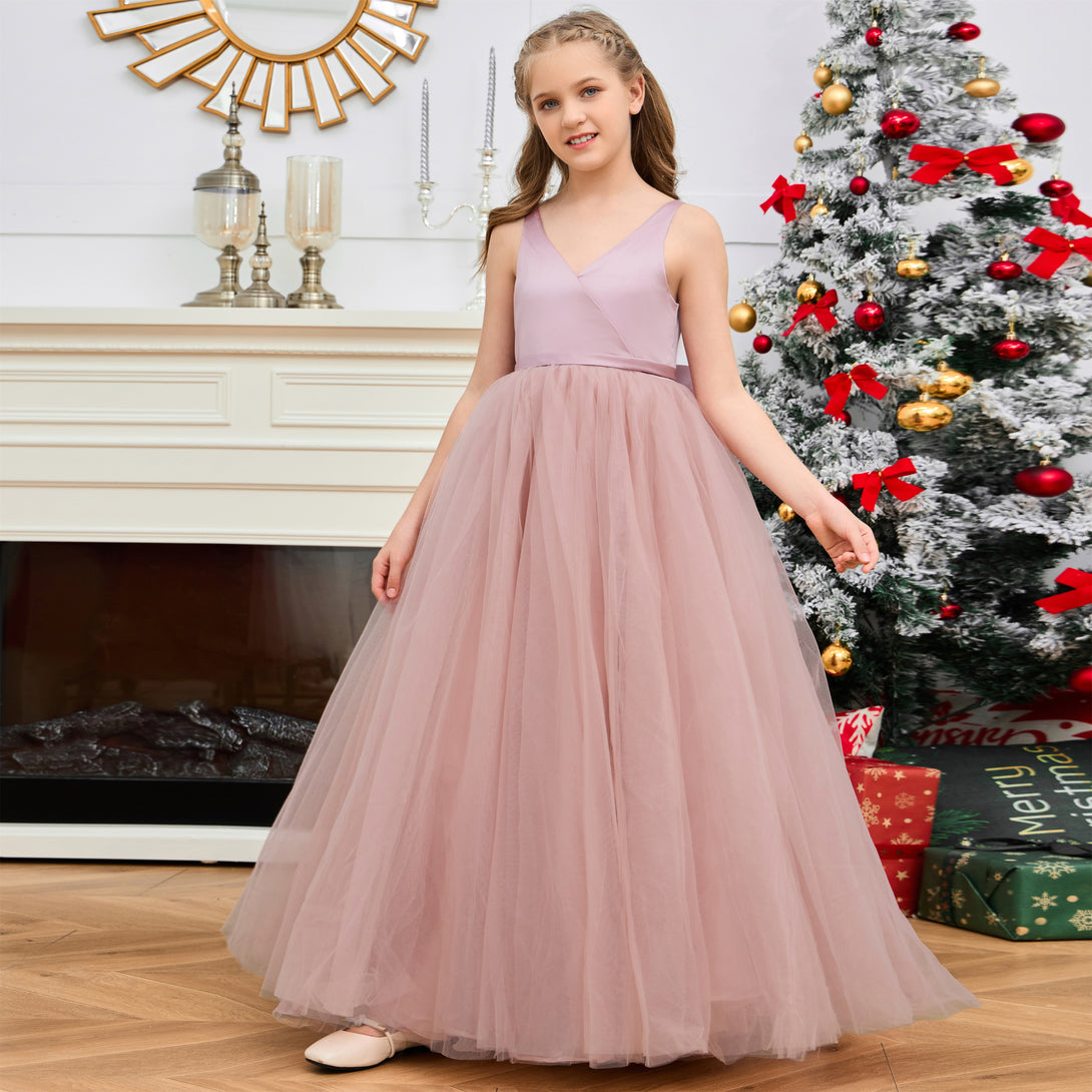 Princess V-Neck Sleeveless Floor-Length Tulle/Satin Flower Girl Dresses/Girls Birthday Dresses With Bow Girls Gidiondress
