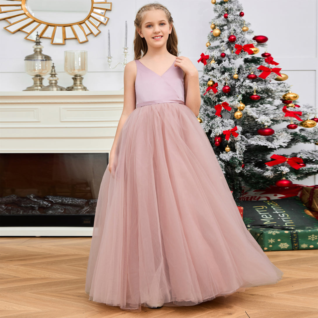 Princess V-Neck Sleeveless Floor-Length Tulle/Satin Flower Girl Dresses/Girls Birthday Dresses With Bow Girls Gidiondress