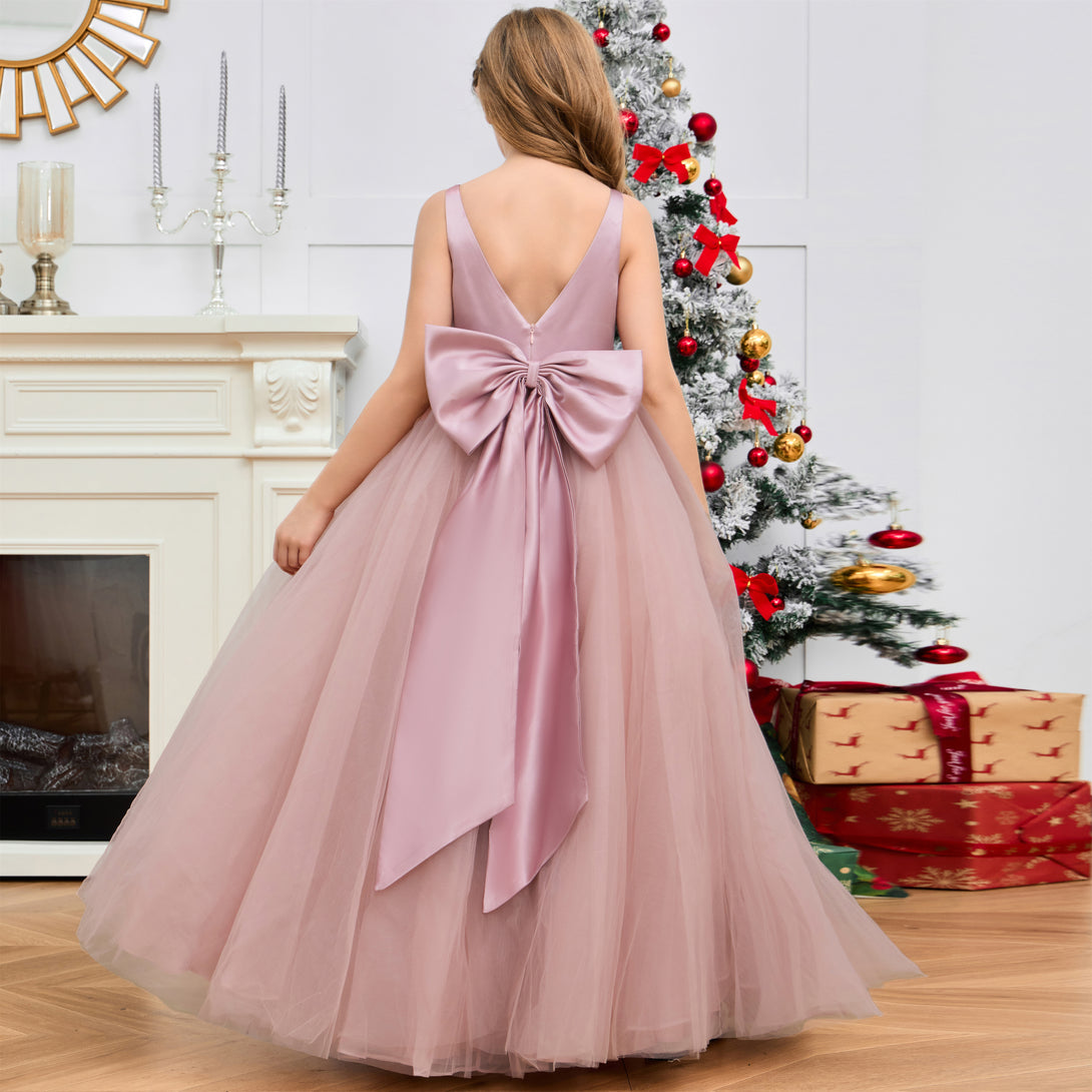 Princess V-Neck Sleeveless Floor-Length Tulle/Satin Flower Girl Dresses/Girls Birthday Dresses With Bow Girls Gidiondress