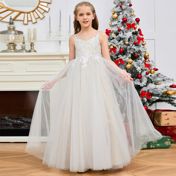 V-Neck Spaghetti Straps Floor-Length Color - Blocking Flower Princess Dress Applique Flower Girl Dresses Girls Gidiondress