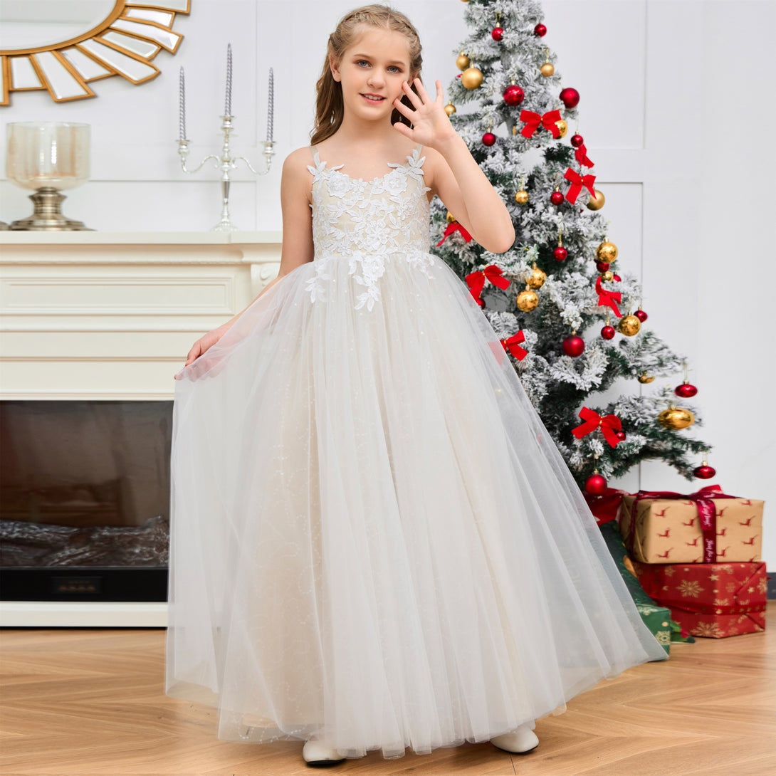 V-Neck Spaghetti Straps Floor-Length Color - Blocking Flower Princess Dress Applique Flower Girl Dresses Girls Gidiondress as picture 12M