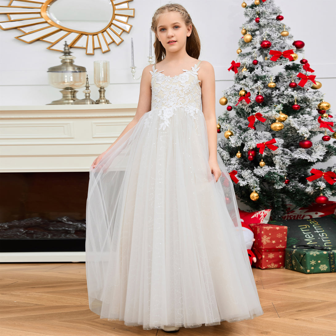 V-Neck Spaghetti Straps Floor-Length Color - Blocking Flower Princess Dress Applique Flower Girl Dresses Girls Gidiondress