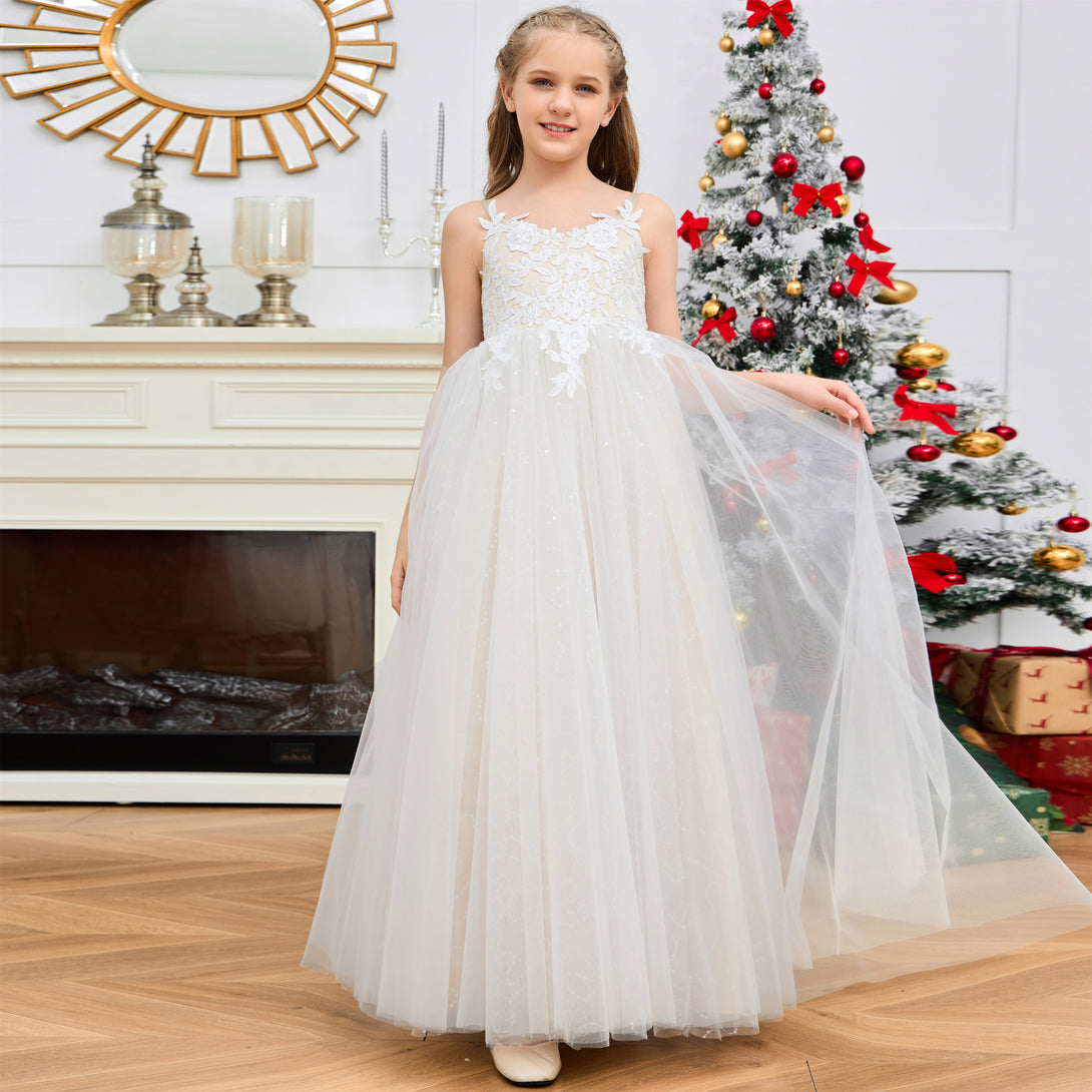 V-Neck Spaghetti Straps Floor-Length Color - Blocking Flower Princess Dress Applique Flower Girl Dresses Girls Gidiondress