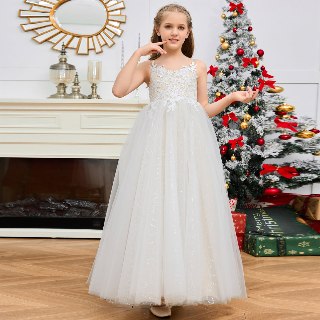 V-Neck Spaghetti Straps Floor-Length Color - Blocking Flower Princess Dress Applique Flower Girl Dresses Girls Gidiondress