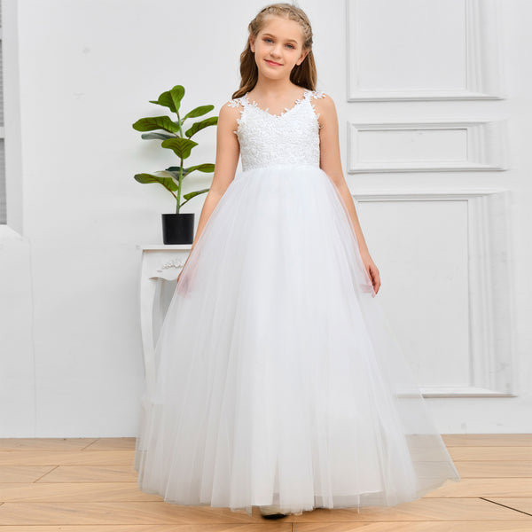 Ball Gown V-Neck Spaghetti Straps Floor-Length Ivory Lace/Tulle/Satin Flower Girl Dresses/First Communion Dress With Appliques/Bow Girls Gidiondress