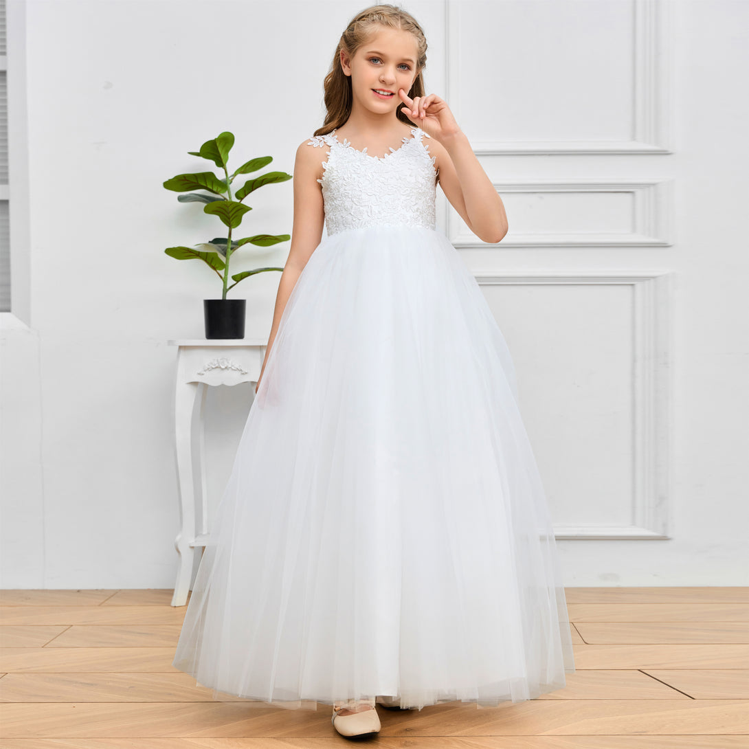 Ball Gown V-Neck Spaghetti Straps Floor-Length Ivory Lace/Tulle/Satin Flower Girl Dresses/First Communion Dress With Appliques/Bow Girls Gidiondress