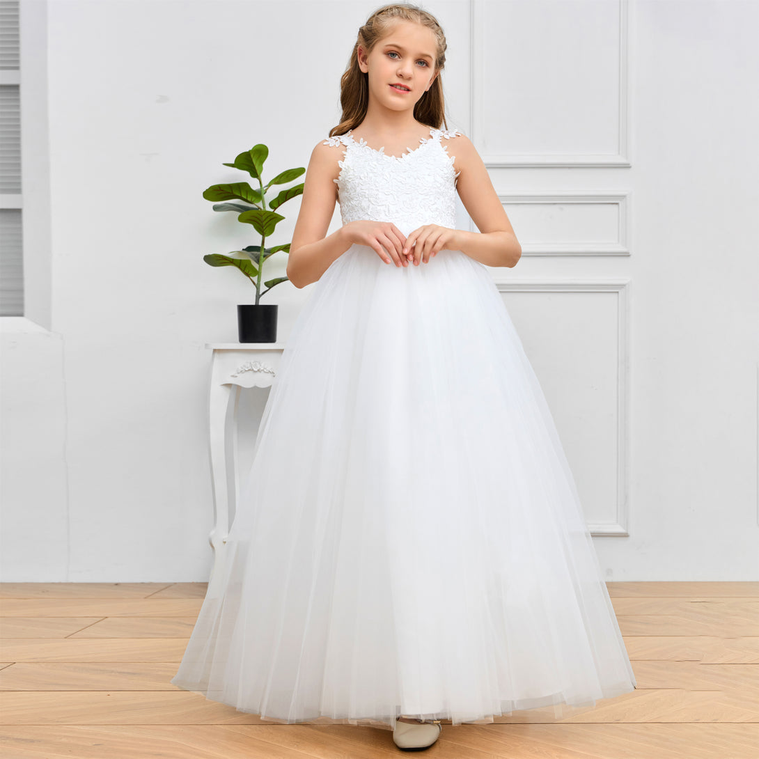Ball Gown V-Neck Spaghetti Straps Floor-Length Ivory Lace/Tulle/Satin Flower Girl Dresses/First Communion Dress With Appliques/Bow Girls Gidiondress