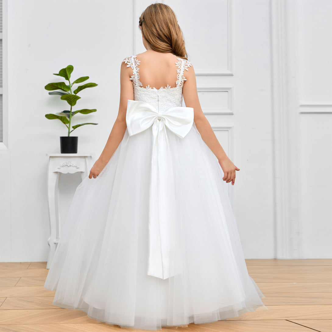 Ball Gown V-Neck Spaghetti Straps Floor-Length Ivory Lace/Tulle/Satin Flower Girl Dresses/First Communion Dress With Appliques/Bow Girls Gidiondress
