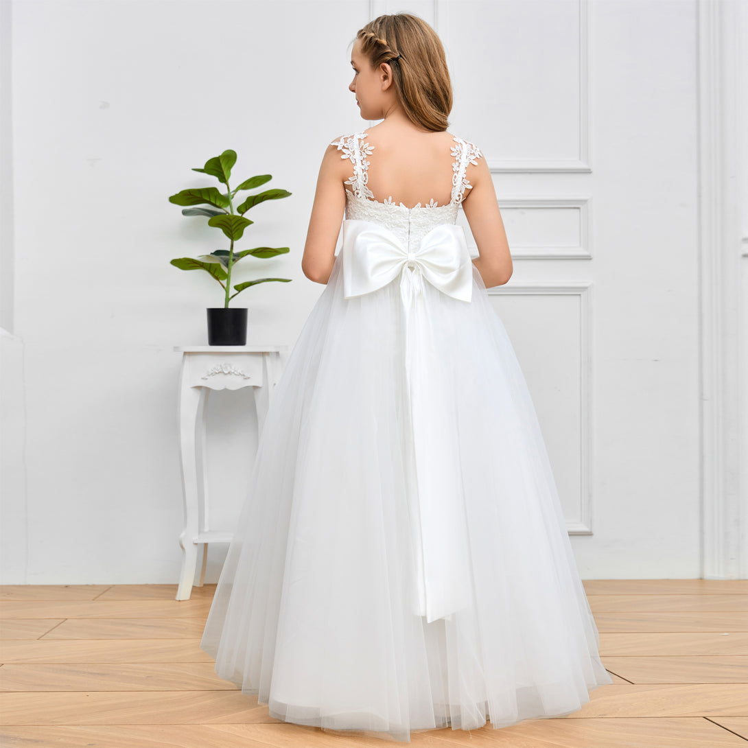 Ball Gown V-Neck Spaghetti Straps Floor-Length Ivory Lace/Tulle/Satin Flower Girl Dresses/First Communion Dress With Appliques/Bow Girls Gidiondress