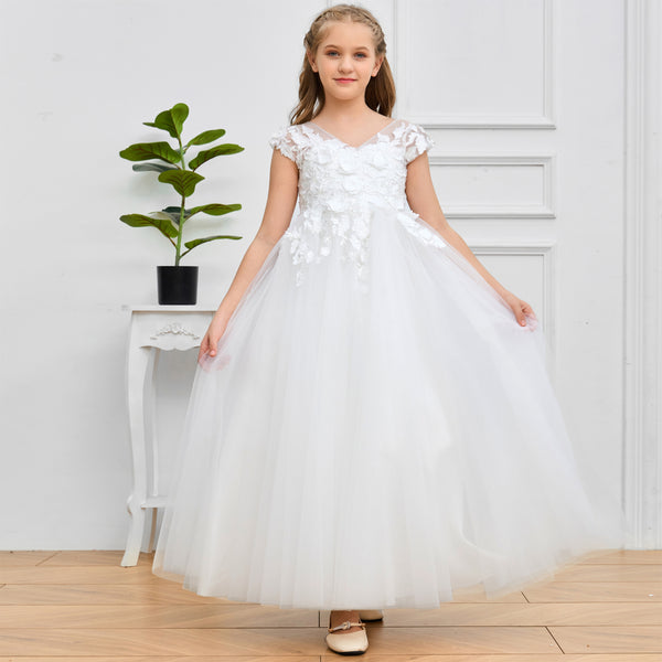 Ball Gown V-Neck Sleeveless Floor-Length Ivory Lace/Tulle Flower Girl Dresses/First Communion Dress With Appliques Girls Gidiondress