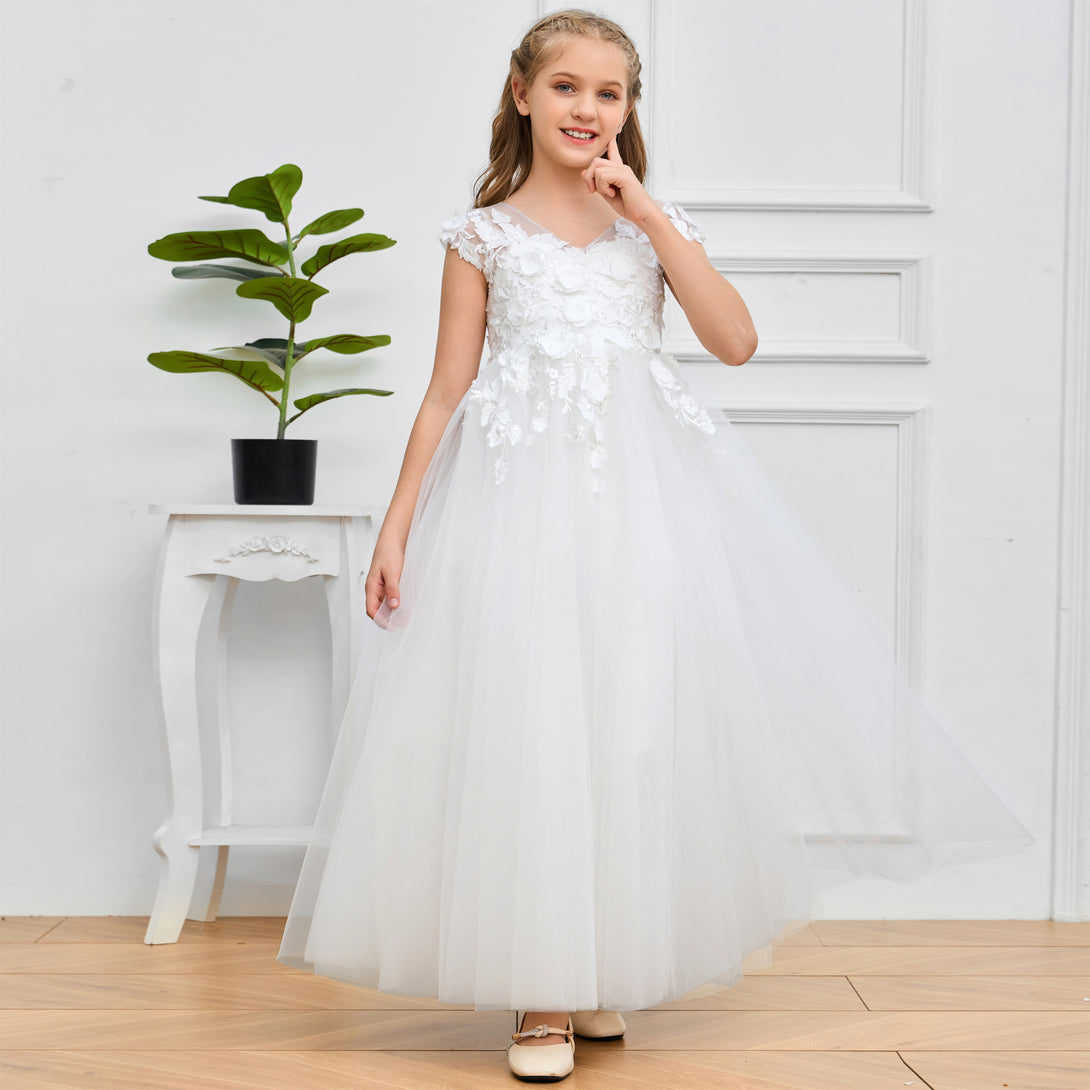 Ball Gown V-Neck Sleeveless Floor-Length Ivory Lace/Tulle Flower Girl Dresses/First Communion Dress With Appliques Girls Gidiondress