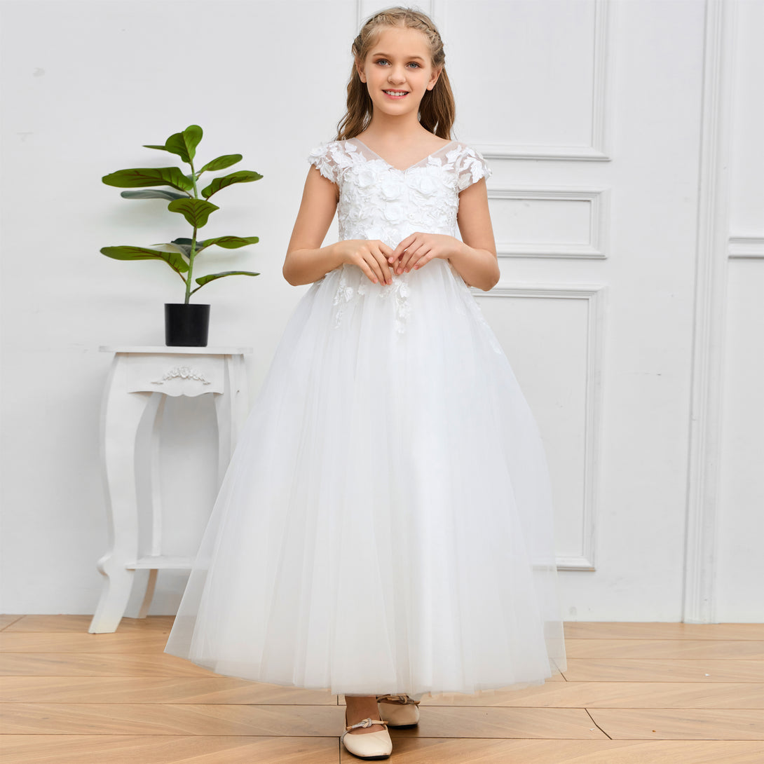 Ball Gown V-Neck Sleeveless Floor-Length Ivory Lace/Tulle Flower Girl Dresses/First Communion Dress With Appliques Girls Gidiondress Ivory 12M