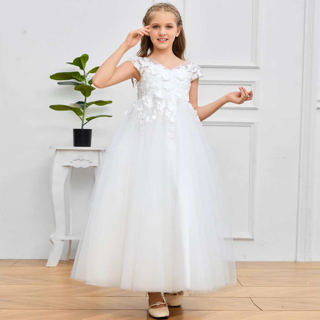 Ball Gown V-Neck Sleeveless Floor-Length Ivory Lace/Tulle Flower Girl Dresses/First Communion Dress With Appliques Girls Gidiondress