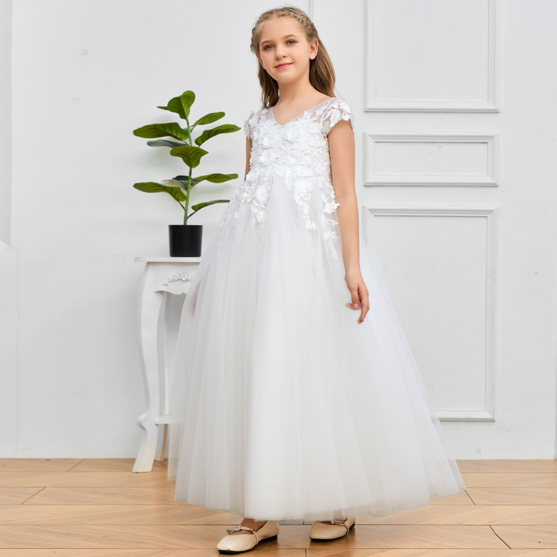Ball Gown V-Neck Sleeveless Floor-Length Ivory Lace/Tulle Flower Girl Dresses/First Communion Dress With Appliques Girls Gidiondress
