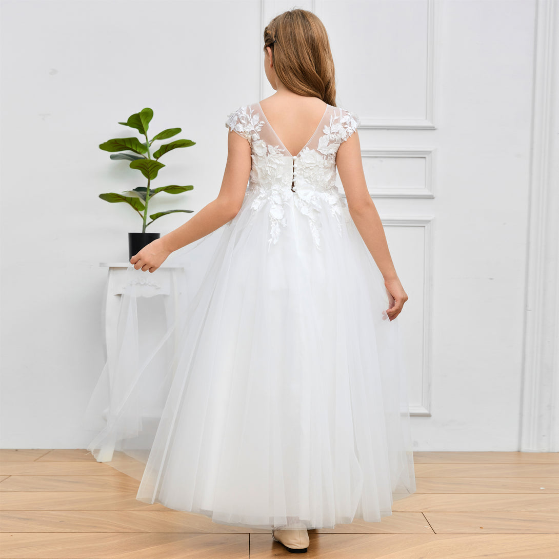 Ball Gown V-Neck Sleeveless Floor-Length Ivory Lace/Tulle Flower Girl Dresses/First Communion Dress With Appliques Girls Gidiondress