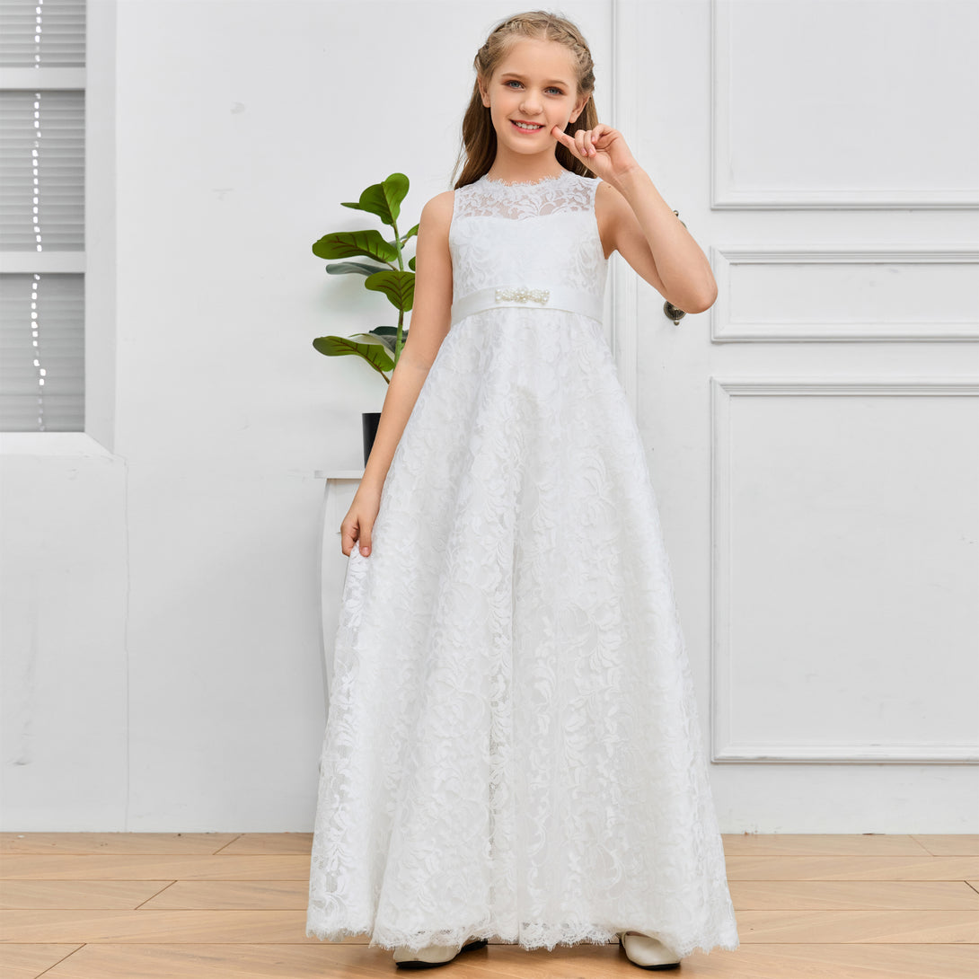 A-Line Boat Neck Sleeveless Floor-Length Ivory Lace/Satin Flower Girl Dresses/First Communion Dress With Beads Belt Girls Gidiondress