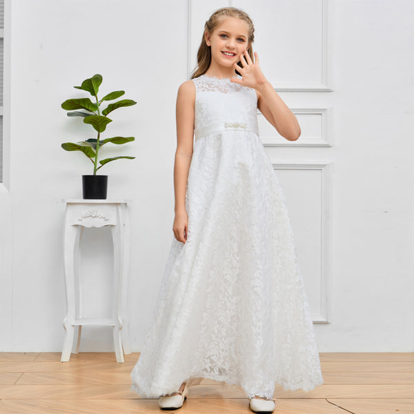 A-Line Boat Neck Sleeveless Floor-Length Ivory Lace/Satin Flower Girl Dresses/First Communion Dress With Beads Belt Girls Gidiondress