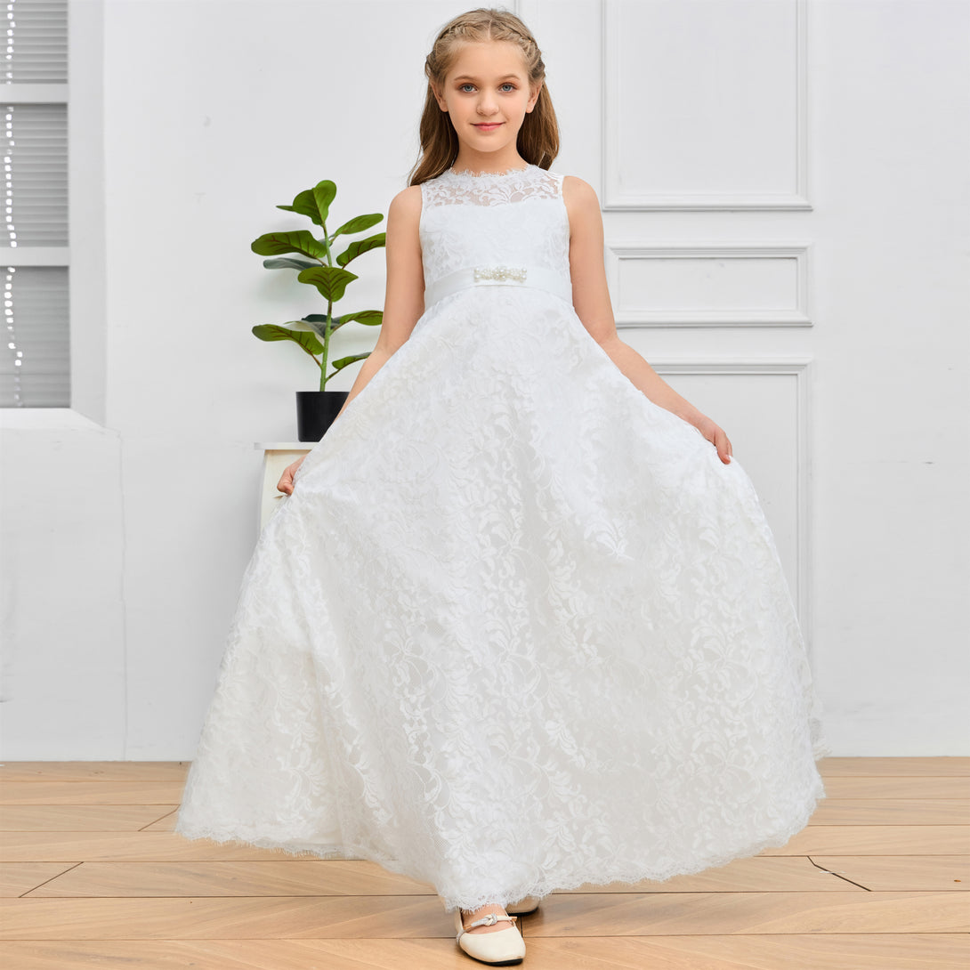 A-Line Boat Neck Sleeveless Floor-Length Ivory Lace/Satin Flower Girl Dresses/First Communion Dress With Beads Belt Girls Gidiondress