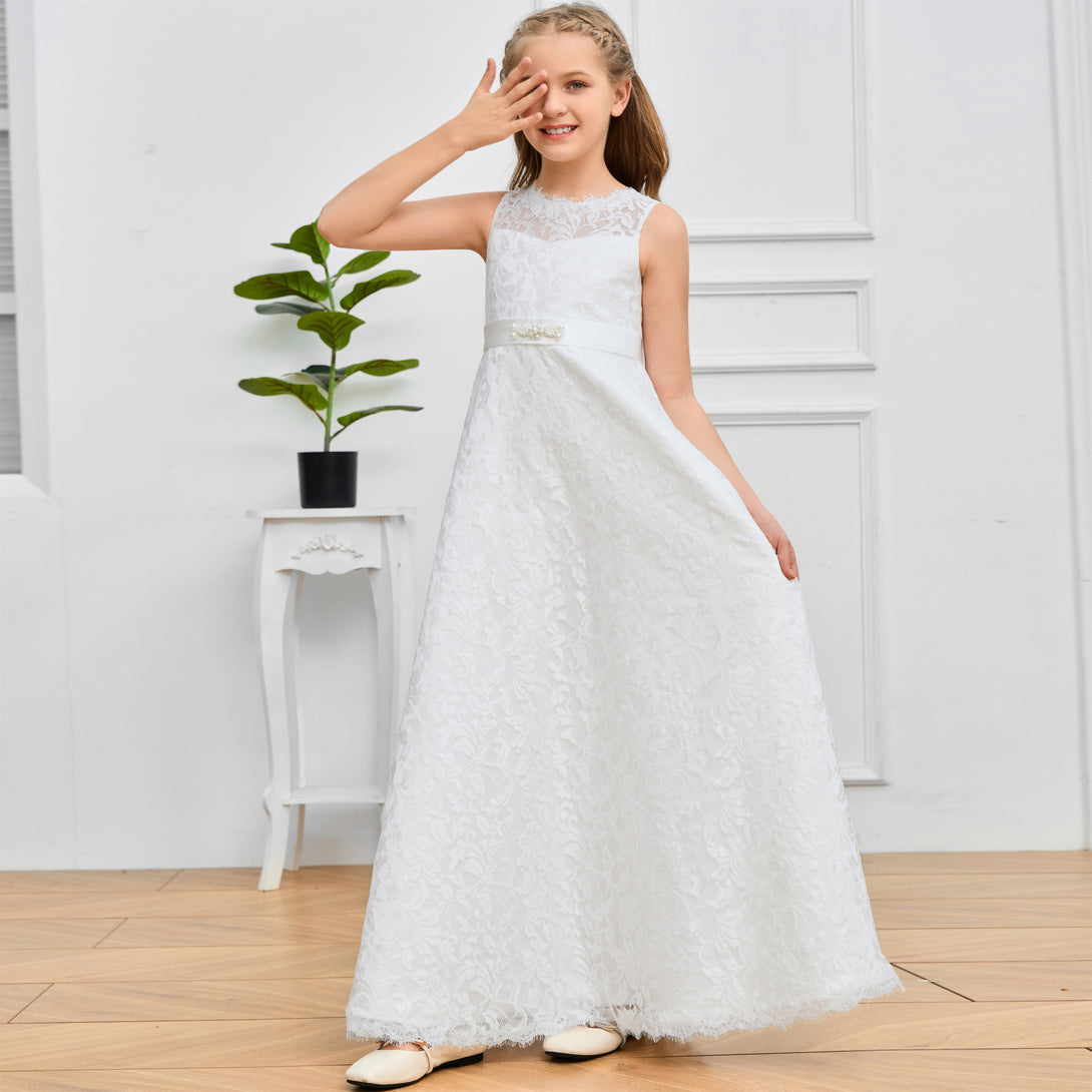 A-Line Boat Neck Sleeveless Floor-Length Ivory Lace/Satin Flower Girl Dresses/First Communion Dress With Beads Belt Girls Gidiondress