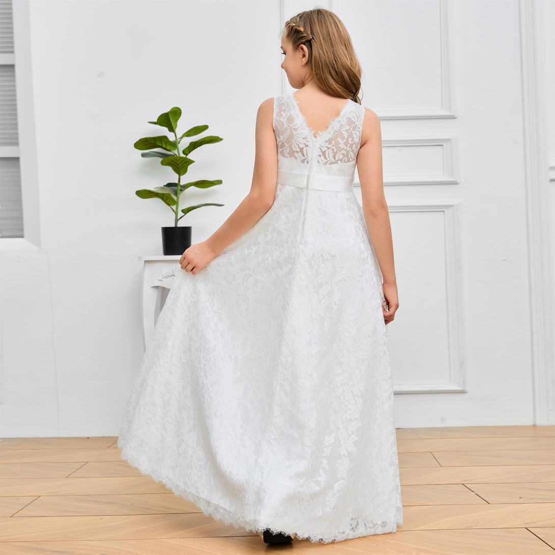 A-Line Boat Neck Sleeveless Floor-Length Ivory Lace/Satin Flower Girl Dresses/First Communion Dress With Beads Belt Girls Gidiondress