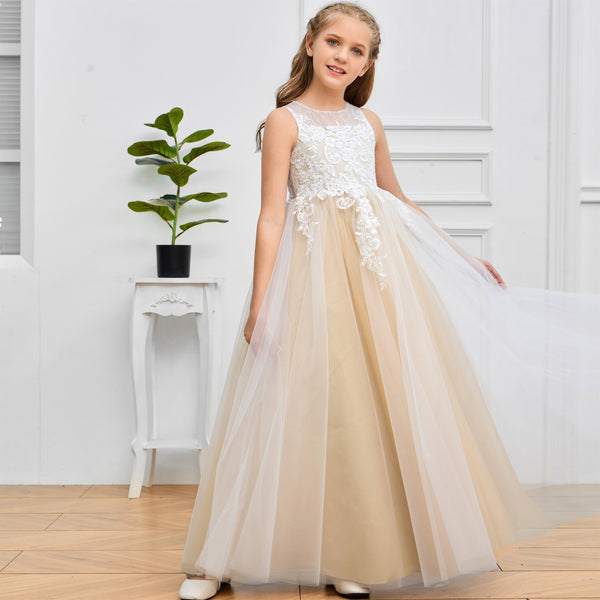Ball Gown Boat Neck Sleeveless Floor-Length Tulle/Lace Flower Girl Dresses/First Communion Dress With Appliques Girls Gidiondress