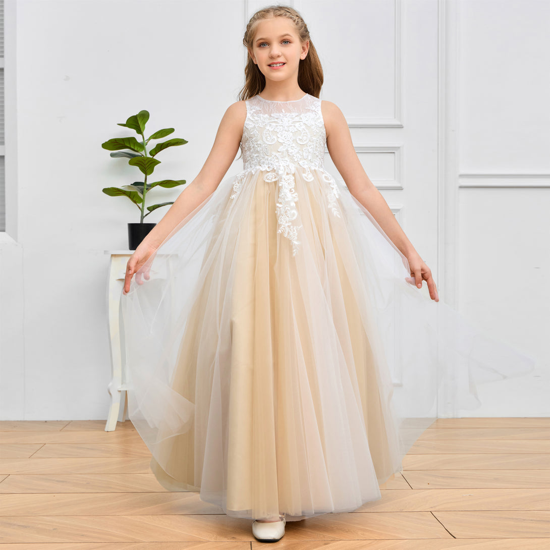 Ball Gown Boat Neck Sleeveless Floor-Length Tulle/Lace Flower Girl Dresses/First Communion Dress With Appliques Girls Gidiondress