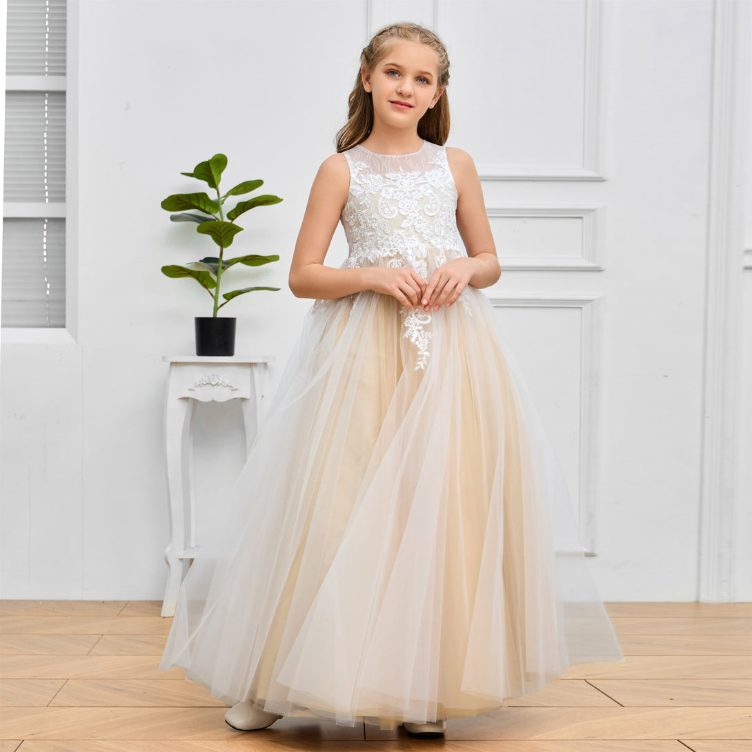 Ball Gown Boat Neck Sleeveless Floor-Length Tulle/Lace Flower Girl Dresses/First Communion Dress With Appliques Girls Gidiondress as picture 12M